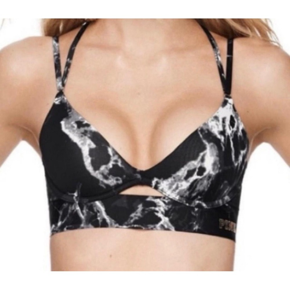 Victoria's Secret PINK Bonded Push-Up Bra Marble Print Women Medium Black White